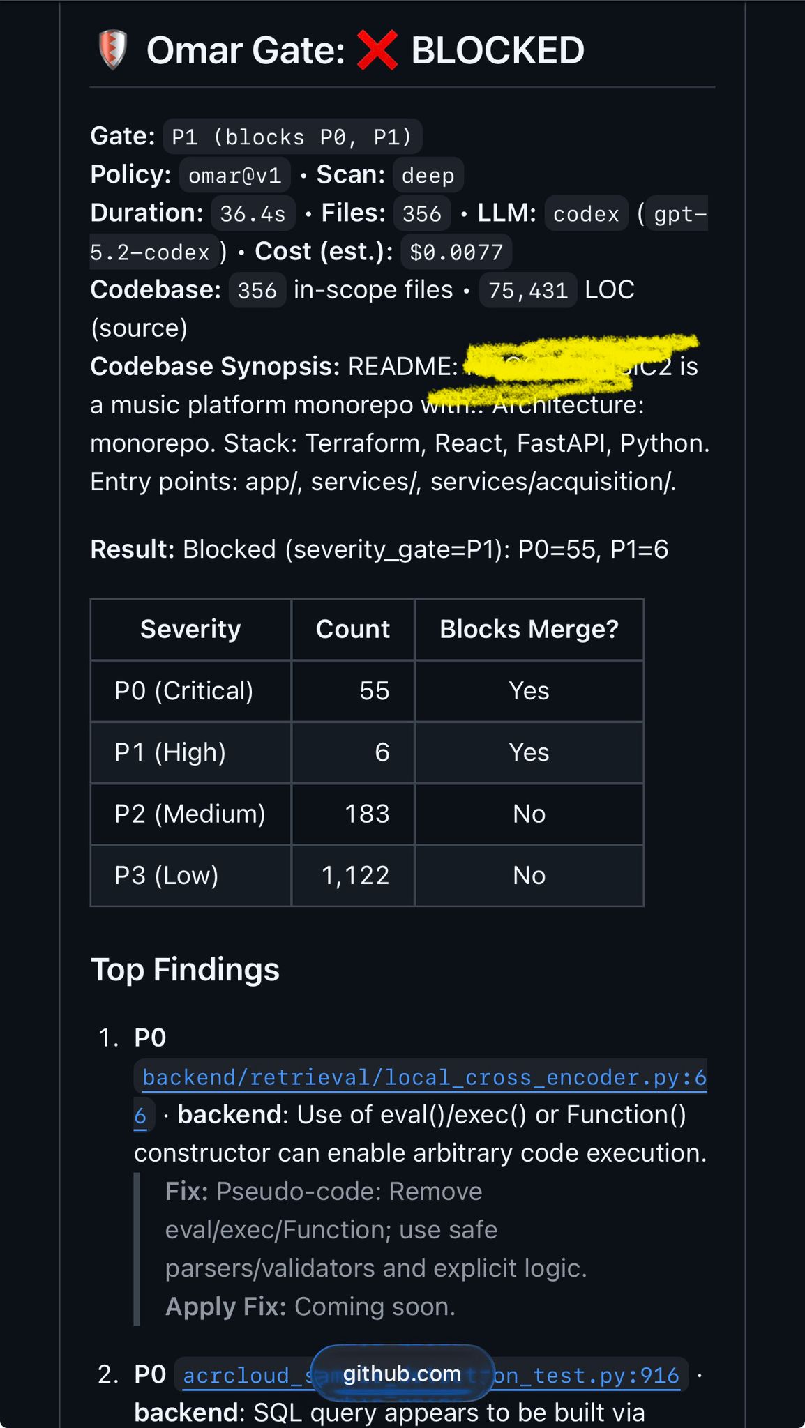 Example Omar Gate blocked output with severity table and top findings